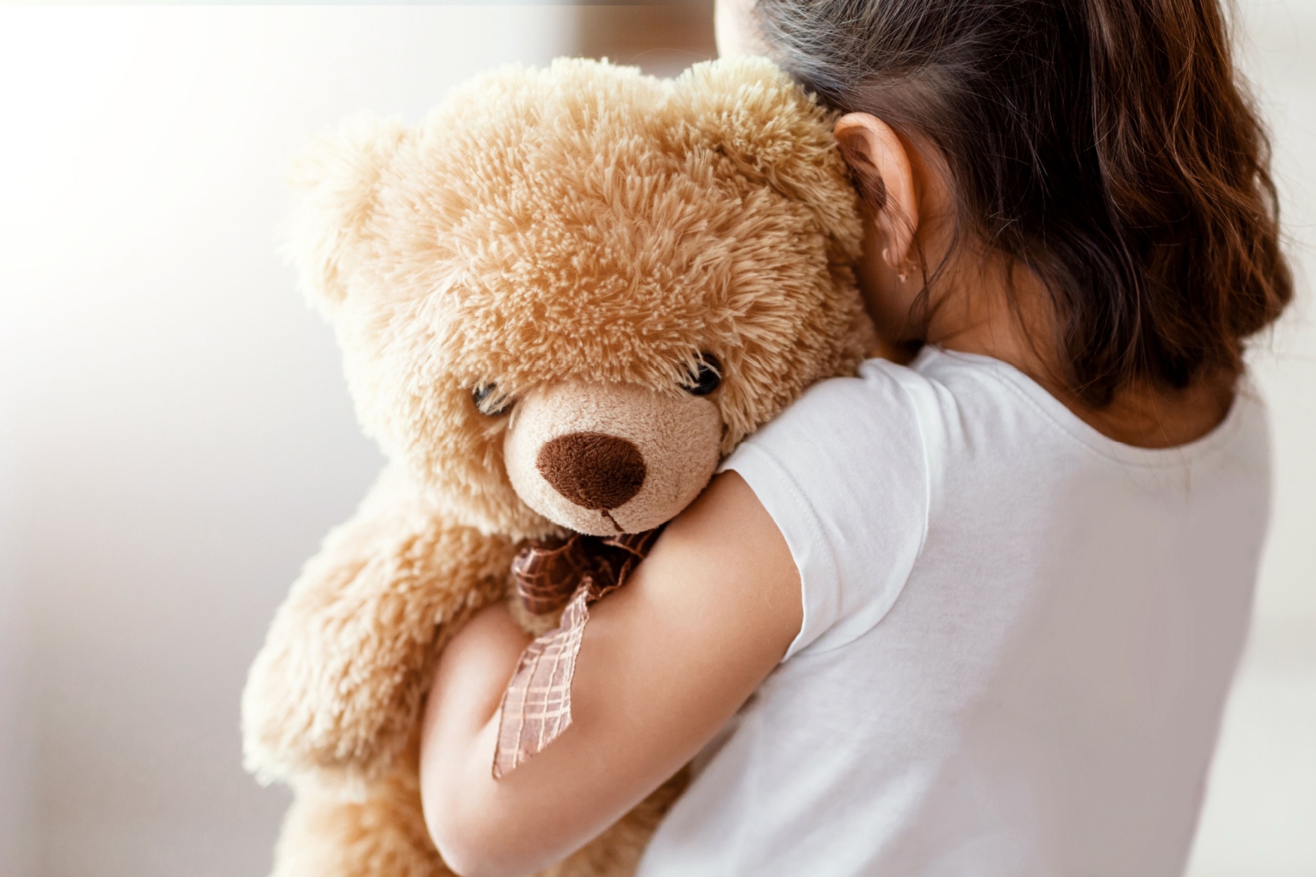 Anonymt barn med ryggen til, holder en stor bamse og klemmer på den